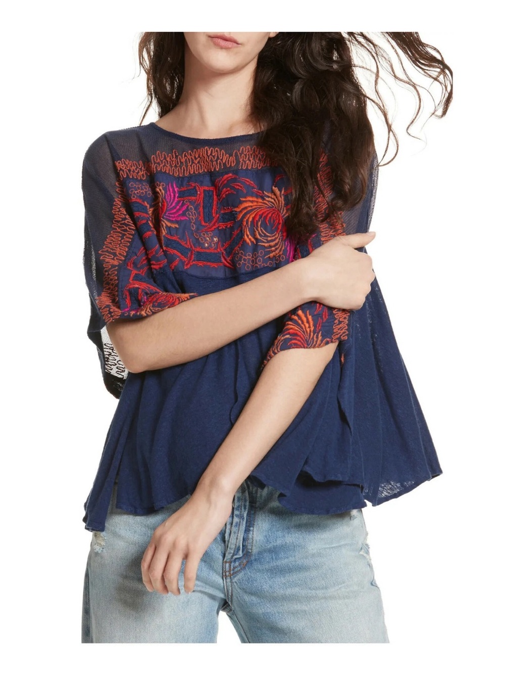 FREE PEOPLE Navy Blue Love Letter Linen Lyocell Knit Embroidered Yoke Top Small